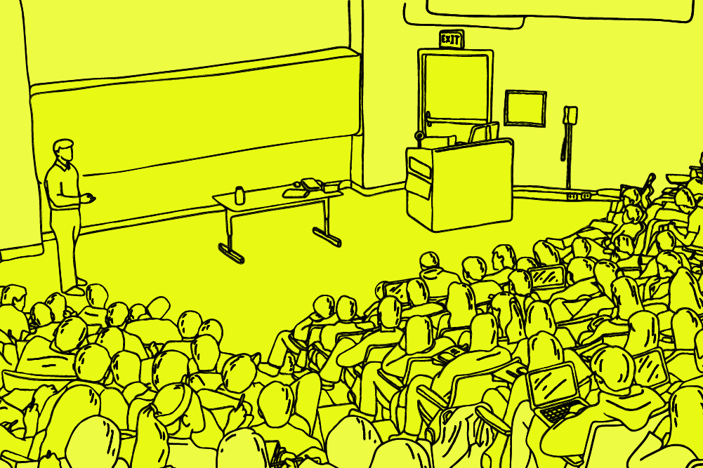 Esquisse d'un professeur donnant un cours devant une classe remplie d'étudiants.