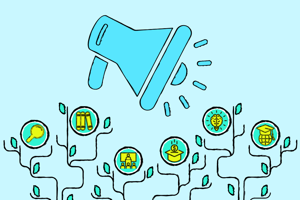 Mégaphone au dessus des branches de plantes poussant depuis le bas de l'image, accompagnées d'illustrations représentant différents aspects de l'enseignement supérieur, le tout dans un style illustré.