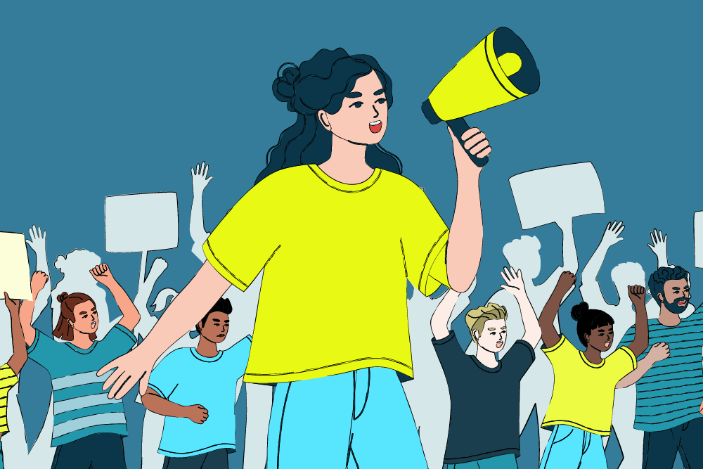 Illustration représentant une femme munie d'un mégaphone à la tête d'une foule de manifestants.