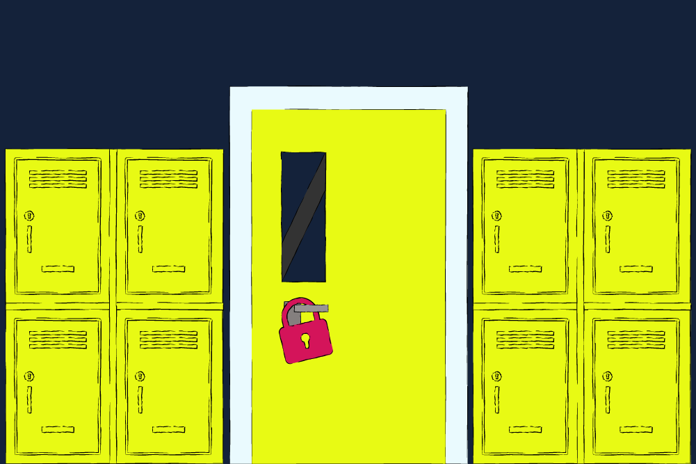 Couloir d'école avec des casiers de chaque côté de la porte d'une salle de classe, sur laquelle un gros cadenas est accroché à la poignée, le tout dans un style illustré.